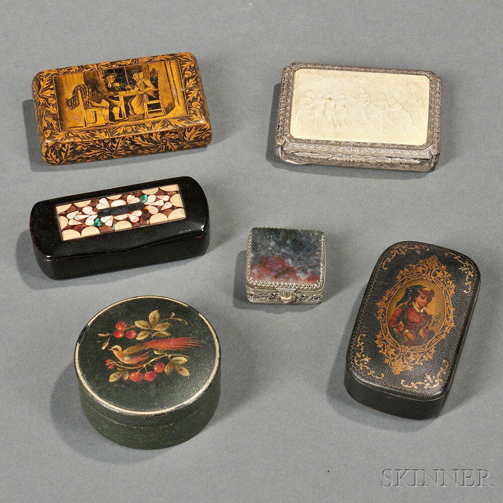 Appraisal: Six Snuff Boxes th century three lacquer one rectangular with