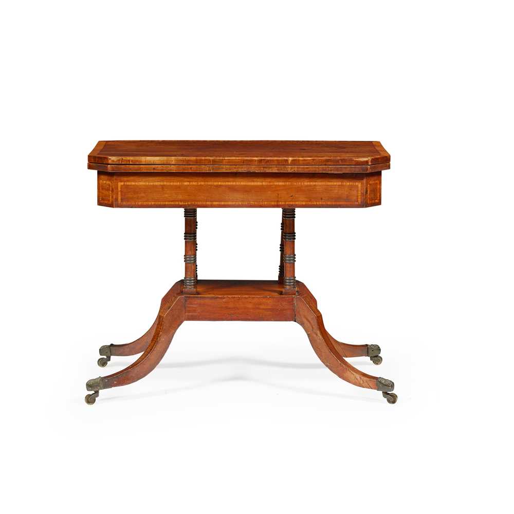 Appraisal: REGENCY MAHOGANY AND SATINWOOD CARD TABLE the crossbanded fold-over top