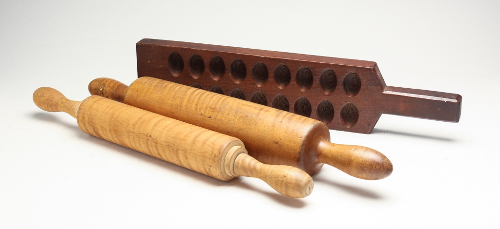 Appraisal: TWO AMERICAN ROLLING PINS AND A CANDY MOLD Early th