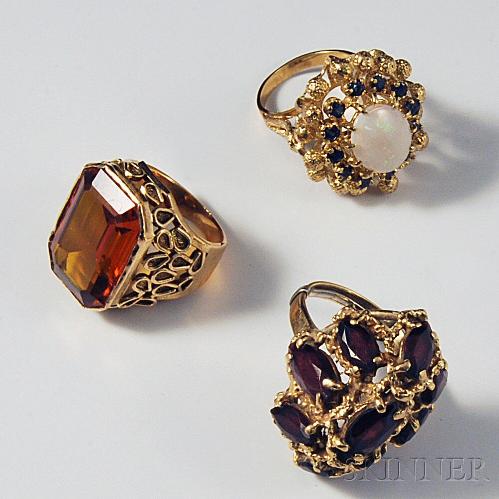 Appraisal: Three kt Gold Rings set with citrine opal and sapphires