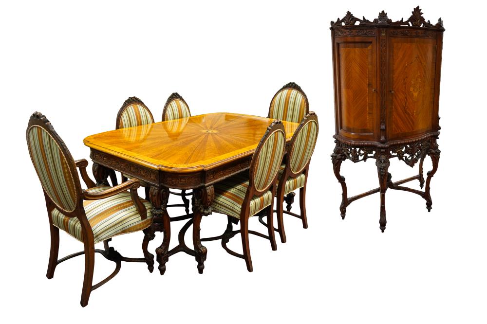 Appraisal: NEOCLASSICAL CARVED WALNUT DINING SETcomprising a dining table with cross-banded