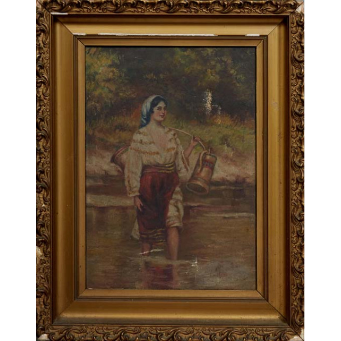 Appraisal: Continental School Gypsy Girl Getting Water th c oil on