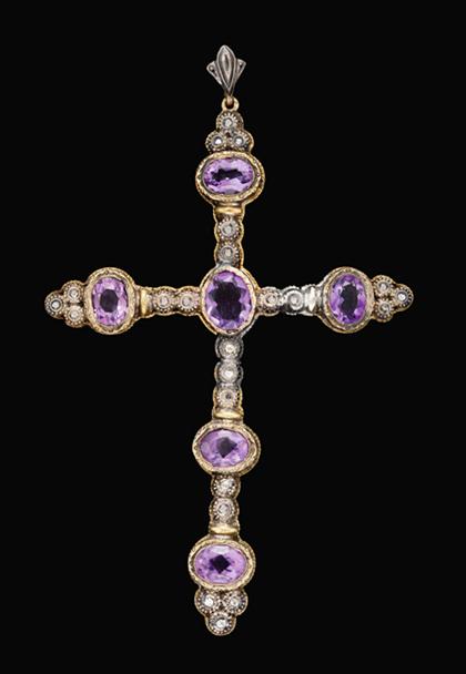 Appraisal: Amethyst and diamond cross georgian Cross pendant with six amethyst