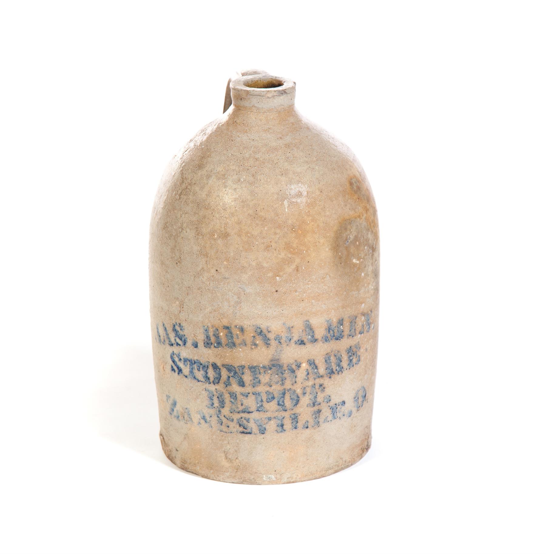 Appraisal: OHIO STONEWARE JUG Stenciled label Jas Benjamin Stoneware Depot Zanesville