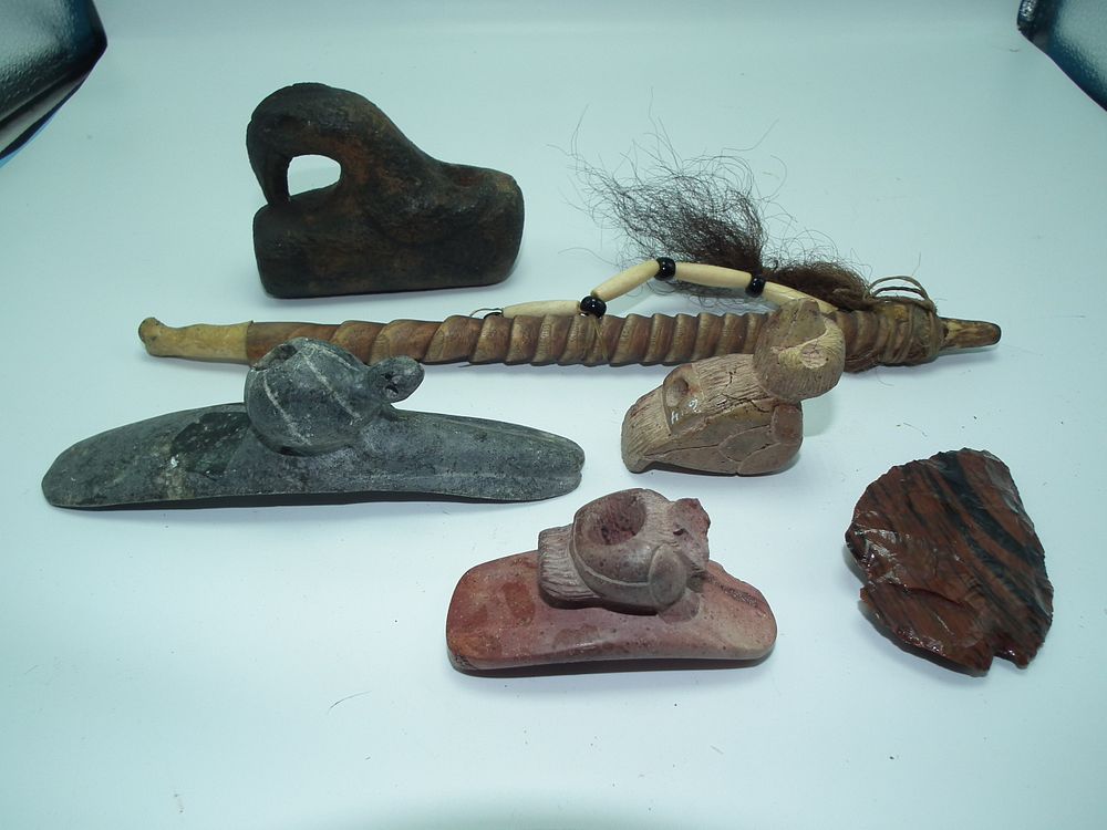 Appraisal: STONE INDIAN PIPES Lot carved stone Native American pipes in