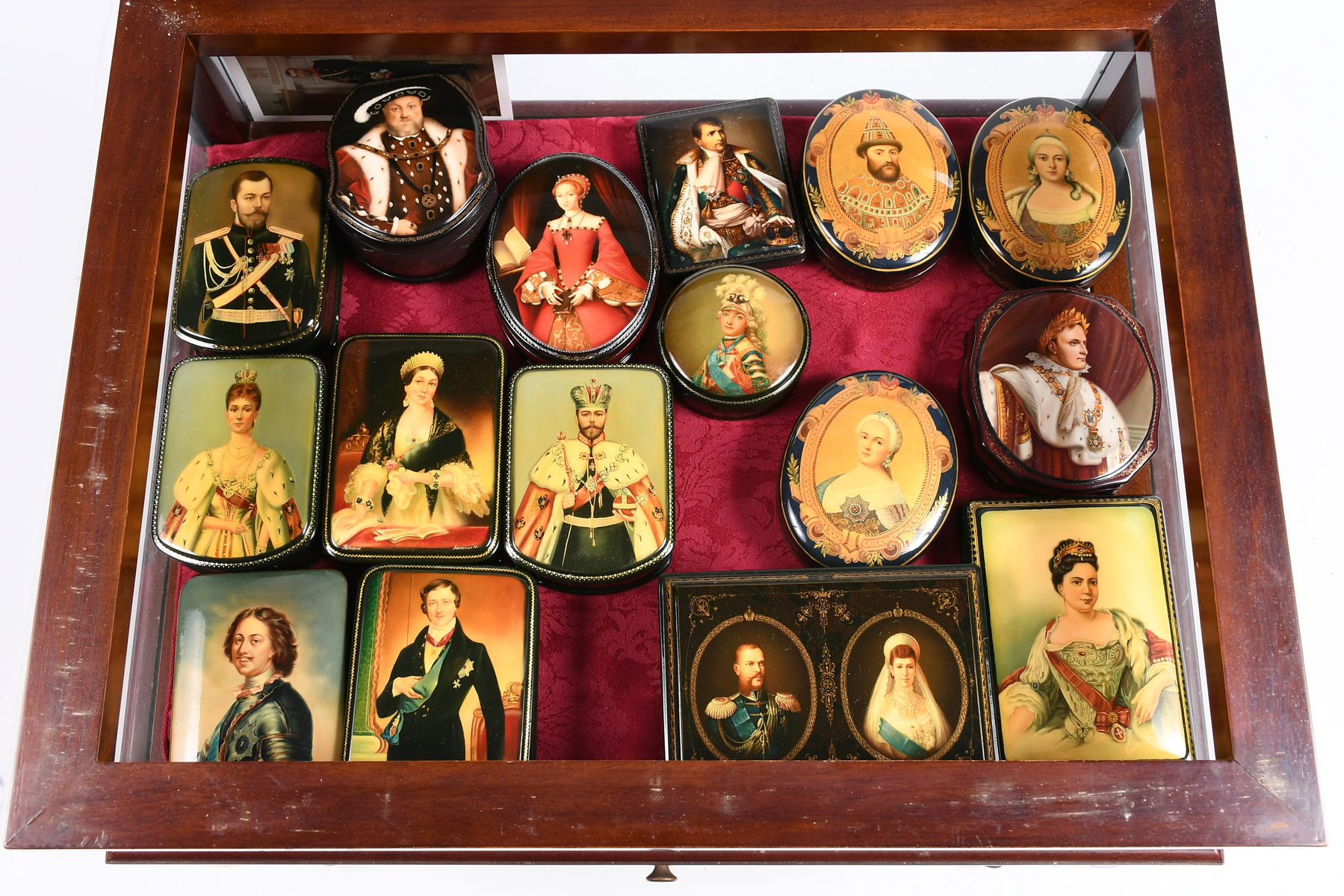 Appraisal: PC LACQUER BOX COLLECTION WITH DISPLAY CASE Royalty-themed collection after