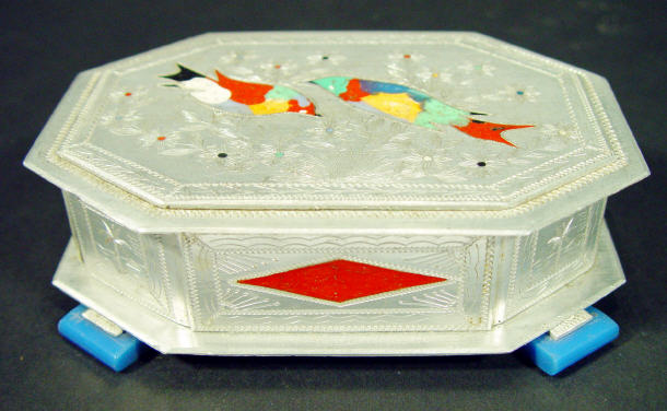 Appraisal: Prisoner of War style octagonal metal box with composite inlay