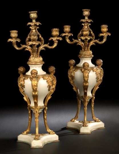 Appraisal: Pair of French Gilt-Bronze-Mounted White Carrara Marble Tripodal Four-Light Candelabra