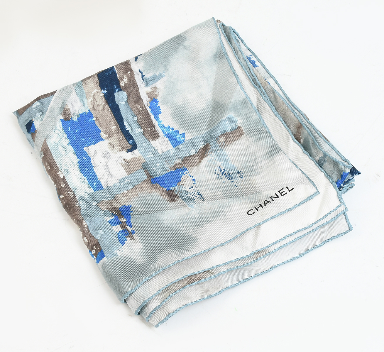 Appraisal: CHANEL SILK SCARF Wonderful abstract pattern in blues creams and