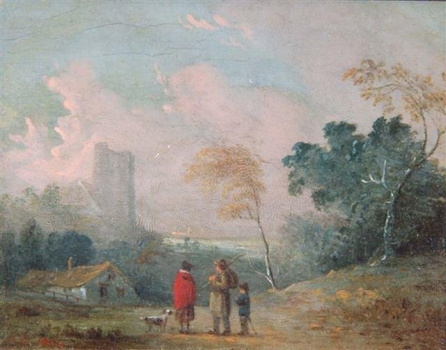 Appraisal: J C - Landscape with figures and dog a church