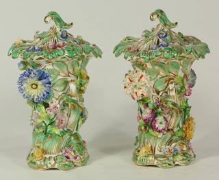 Appraisal: Pair of English porcelain flower-encrusted lidded vases circa possibly Minton