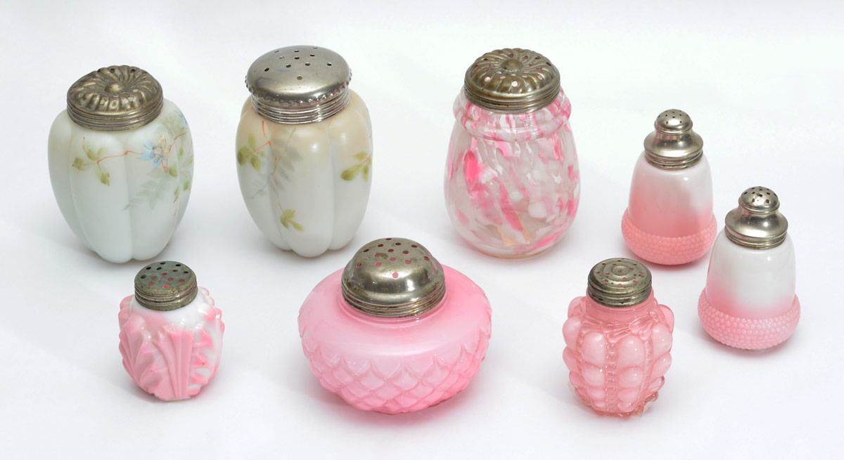 Appraisal: VICTORIAN ART GLASS SHAKERS AND MUFFINEERS The muffineers include handpainted