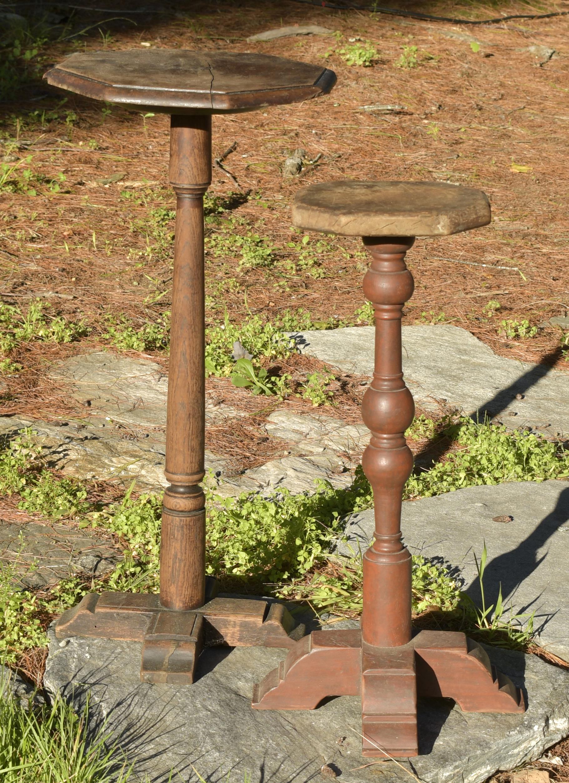 Appraisal: TWO ANTIQE CANDLESTANDS Larger th C oak stand with an