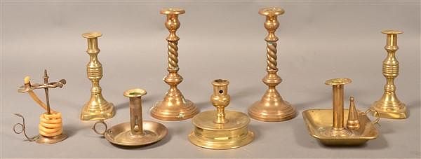 Appraisal: Grouping of Eight Antique Brass Candlesticks Grouping of Eight Antique