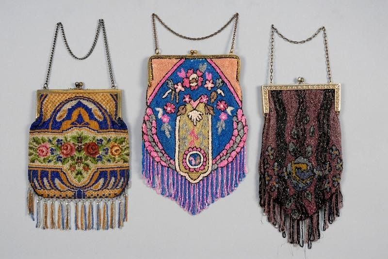 Appraisal: THREE FLORAL BEADED BAGS EARLY th C All having hinged