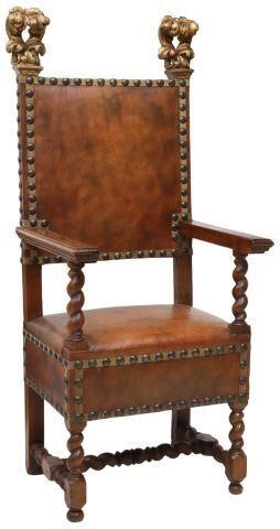 Appraisal: Italian Baroque style walnut and leather throne chair topped with