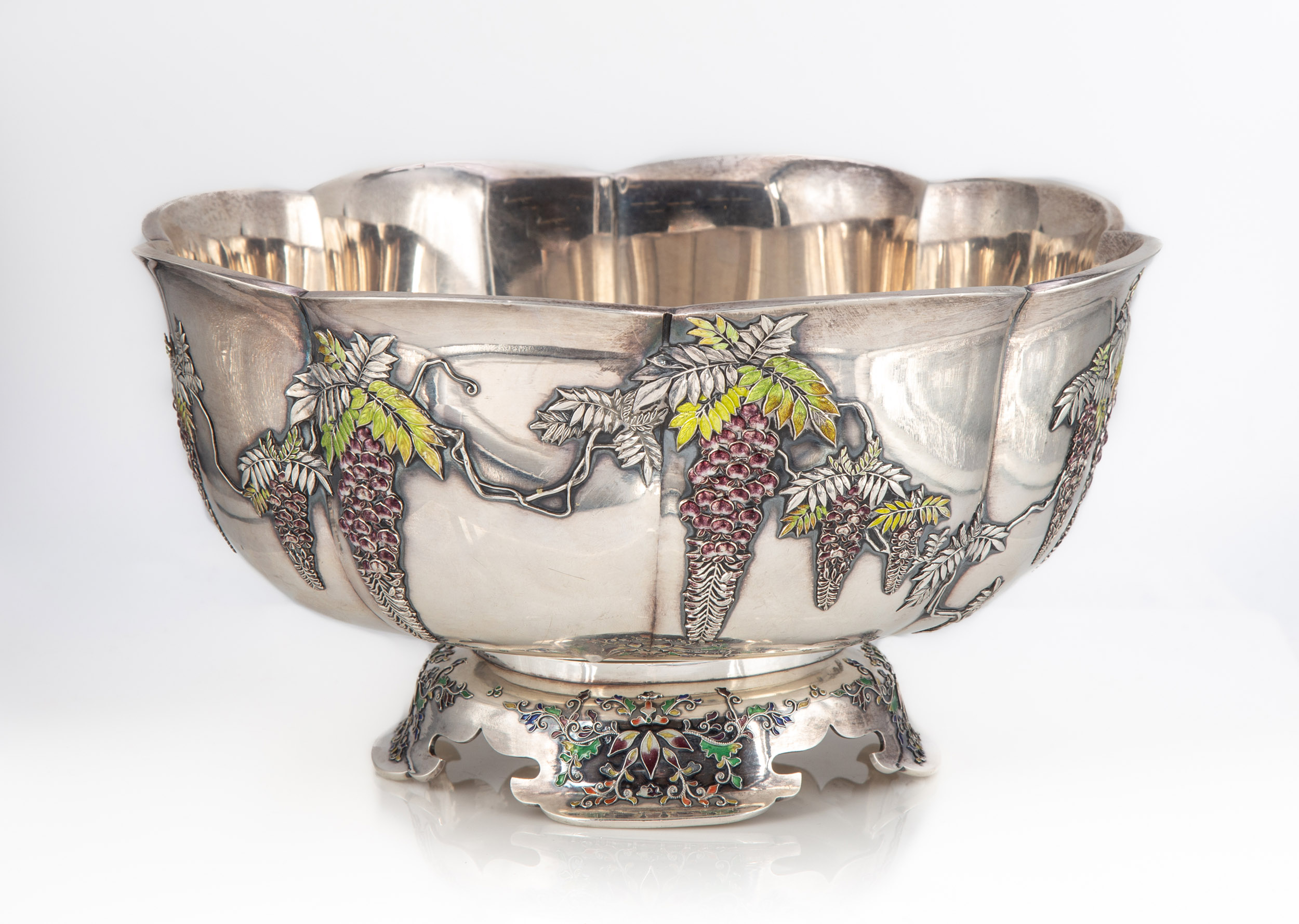 Appraisal: JAPANESE EXPORT SILVER AND ENAMEL WISTERIA BOWL SANJU SAKU YOKOHAMA