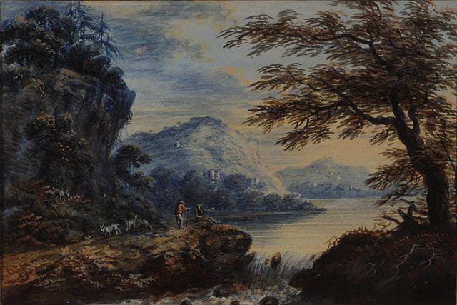 Appraisal: JOHN LAPORTE - Lakeside view with figures and goats watercolour