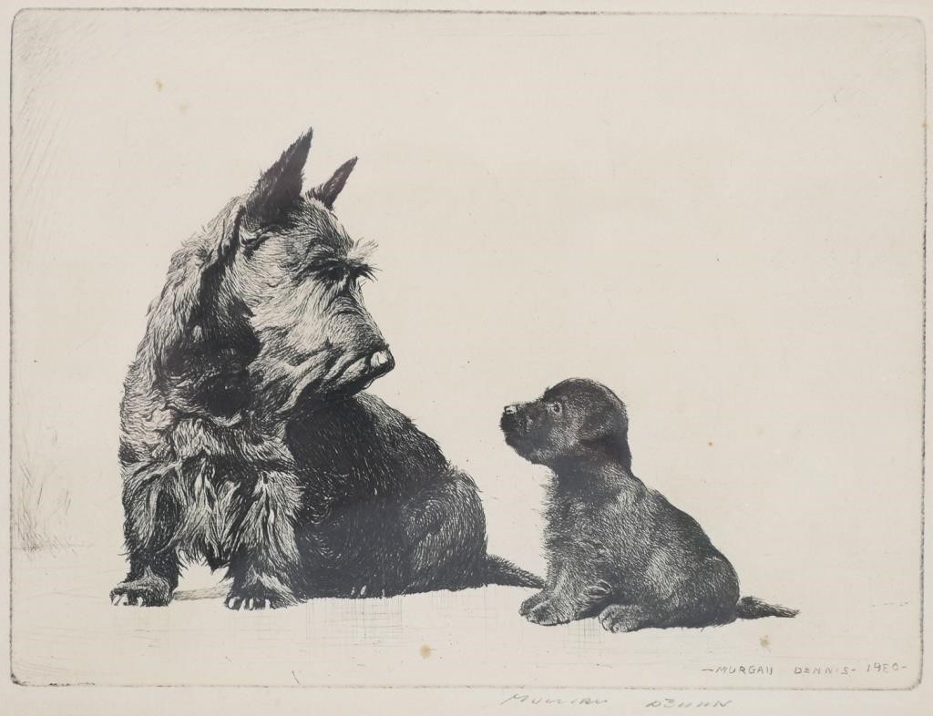 Appraisal: Etching of two dogs by Morgan Dennis American - Signed