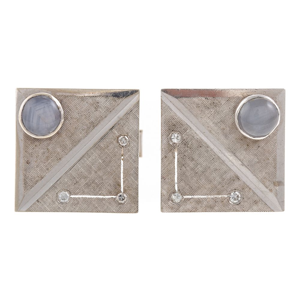 Appraisal: A Pair of K Mid-Century Star Sapphire Cufflinks K white