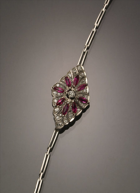 Appraisal: Art Deco Tested Platinum Diamond and Synthetic Ruby Cocktail Bracelet