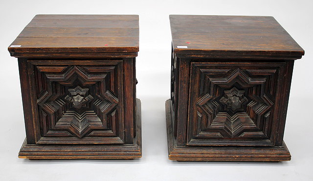 Appraisal: A PAIR OF LOW OAK PEDESTALS or bedside tables the