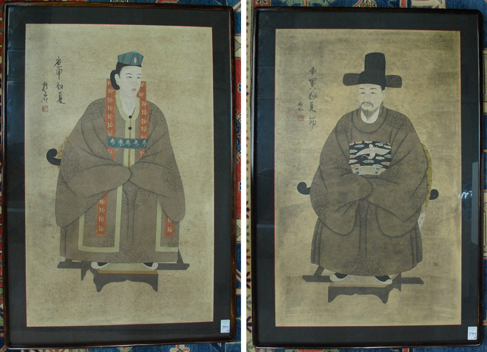 Appraisal: PAIR OF CHINESE ANCESTOR PORTRAITS INK AND WATERCOLOR ON PAPER