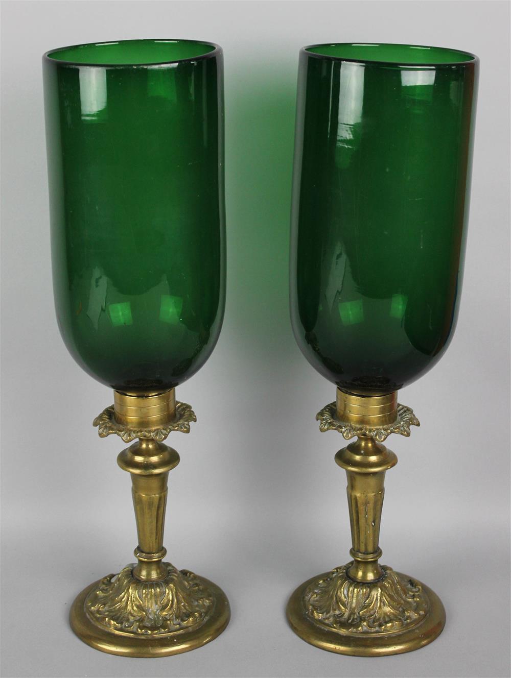 Appraisal: PAIR OF VICTORIAN BRASS CANDLESTICK LAMPS WITH GREEN GLASS SHADES