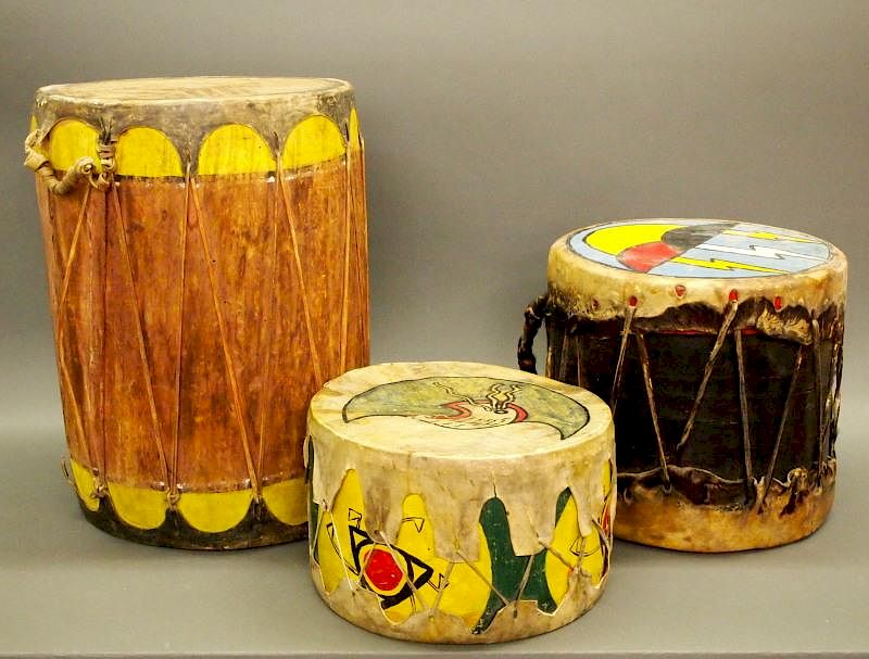 Appraisal: painted drums Three mid th century drums Including Pueblo drums