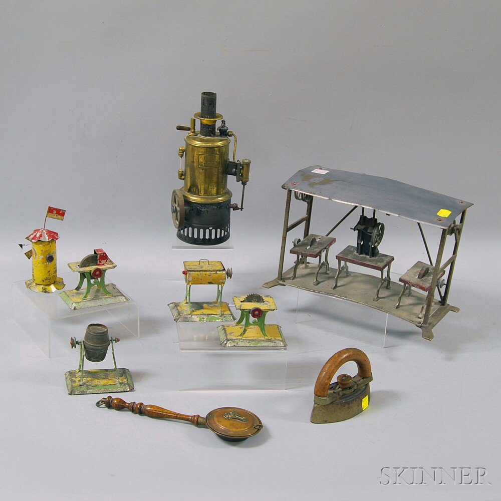 Appraisal: Six Toy Workshop Items Small Bed Warmer Steam Engine and