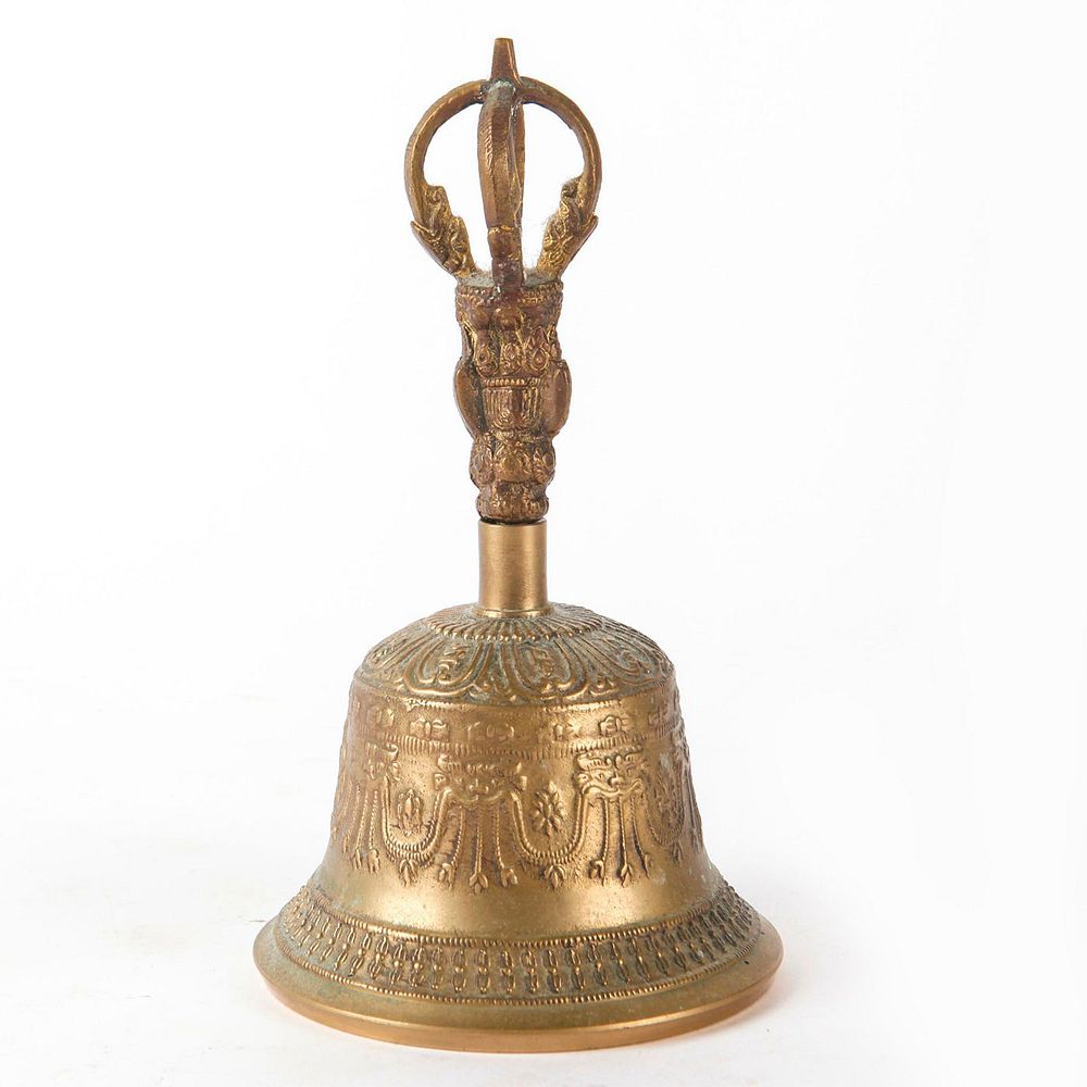 Appraisal: VINTAGE TIBETAN BRASS HAND BELL For Tibetan ceremonies marks the