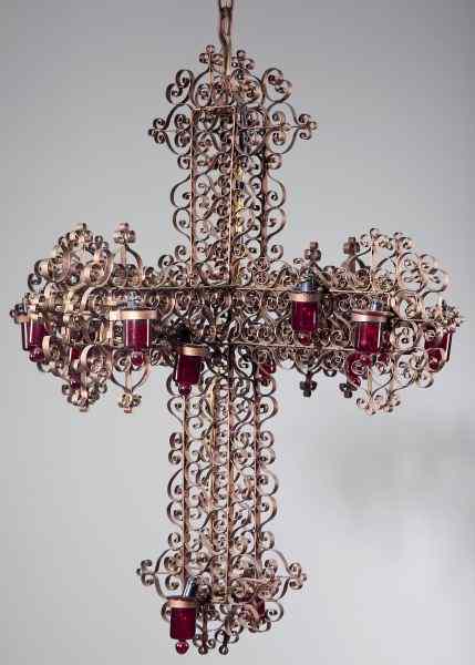 Appraisal: Spanish Cruciform Chandelier th century style wrought iron allover scroll