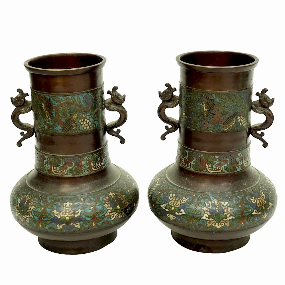 Appraisal: Pair of Japanese Bronze Champleve Enamel Vases Pair of Antique