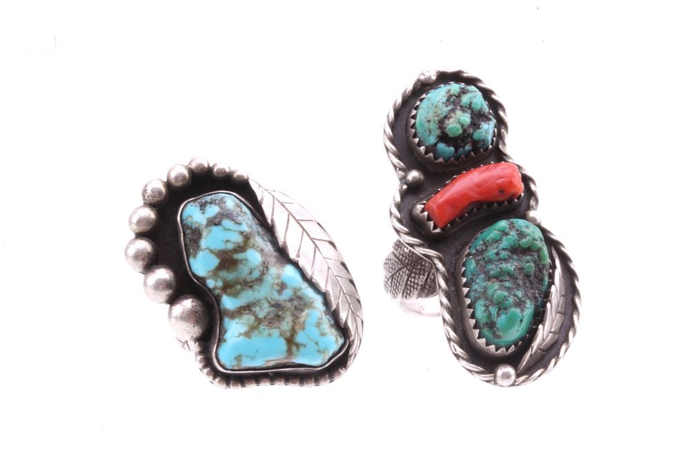 Appraisal: Navajo Silver Turquoise Coral Ring Pair For your consideration is