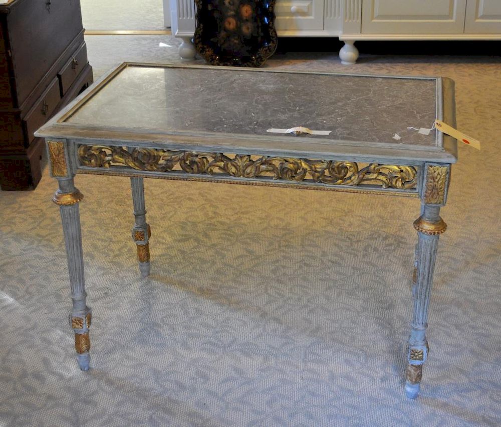 Appraisal: Continental Painted Gilt M T Center Table with grey marble