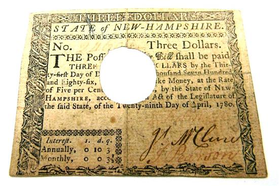 Appraisal: NH - Three Dollar Note - Hole cancelled Fine or