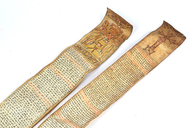 Appraisal: PRAYER SCROLLS on Parchment with illustrations and black and red