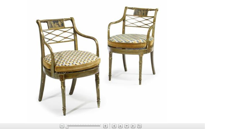 Appraisal: Pair of Regency green and gilt painted armchairscirca