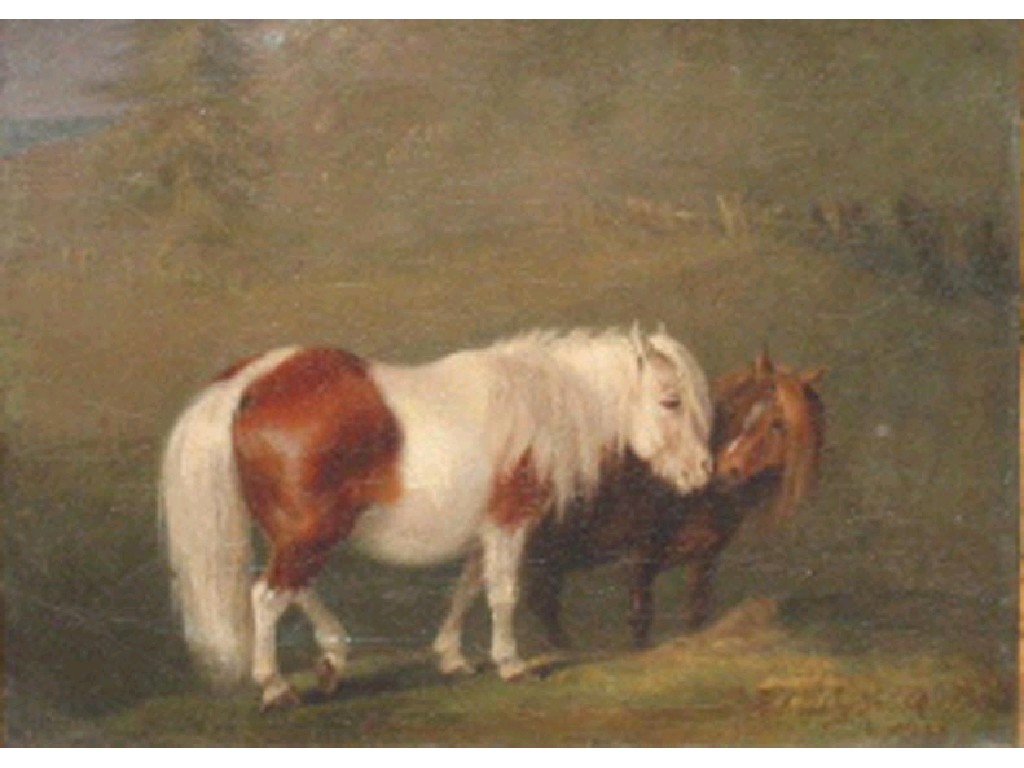 Appraisal: R I LANGBOTTOM Shetland ponies in a landscape indistinctly signed