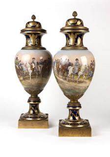 Appraisal: A pair of mounted Sevres style Napoleonic lidded urns Late