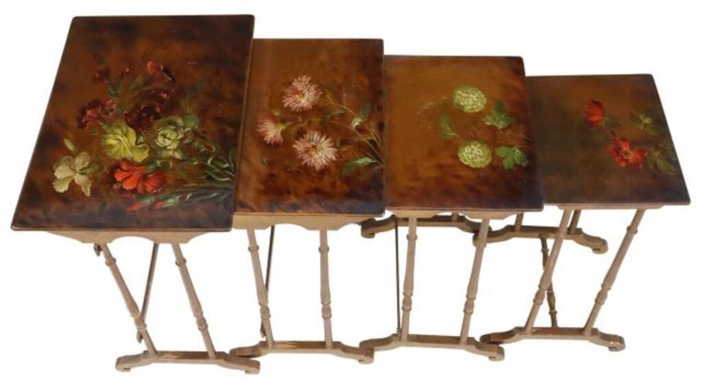 Appraisal: lot of Nesting tables th c each hand-painted with unique