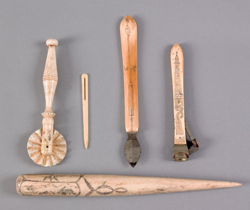 Appraisal: Five carved bone and ivory sailor's tools th c to