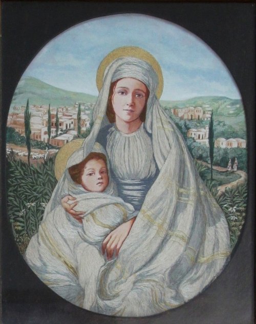 Appraisal: An oval needlework and watercolour picture The Virgin and Child