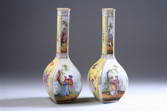 Appraisal: PAIR DRESDEN PORCELAIN BOTTLE VASES late th - early th