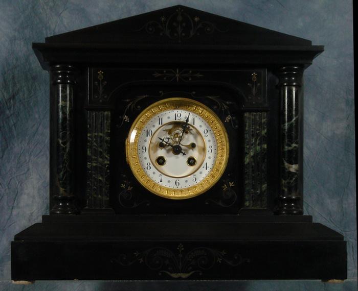 Appraisal: French black slate and marble mantle clock porcelain dial open