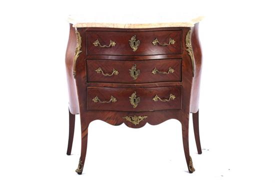 Appraisal: LOUIS XV STYLE MARBLE-TOP PETITE COMMODE th century Mottled cafe-au-lait