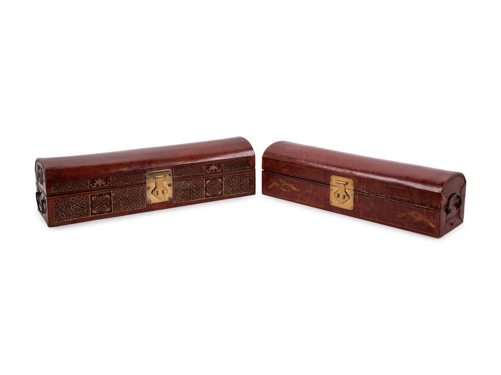 Appraisal: Two Chinese Leather Veneered Scroll Boxes Two Chinese Leather Veneered