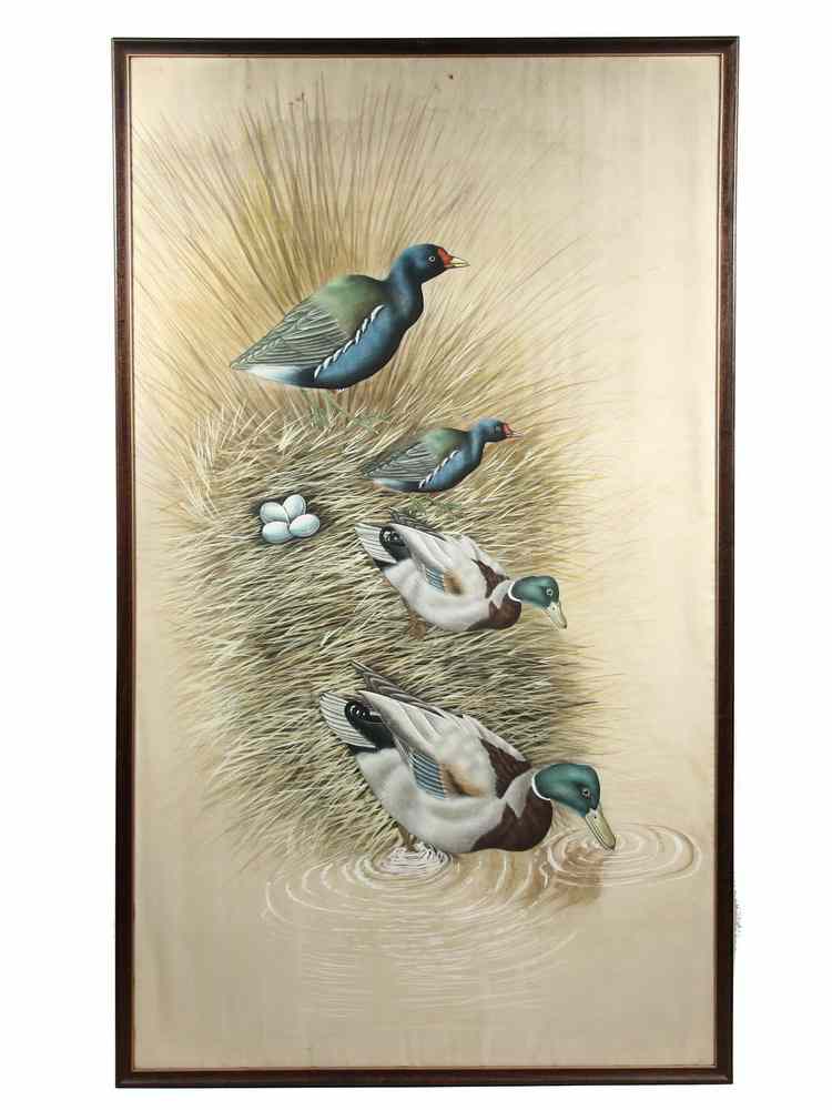 Appraisal: CHINESE GOUACHE ON SILK - Large Study of Ducks around