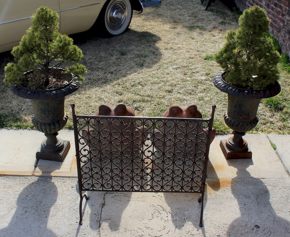 Appraisal: Pair Iron Urns Pair Terracotta Frog Planters and A Metal