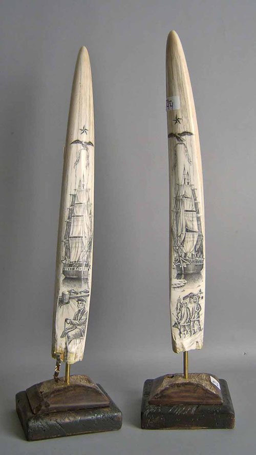 Appraisal: Pair carved tusks with maritime scenes h